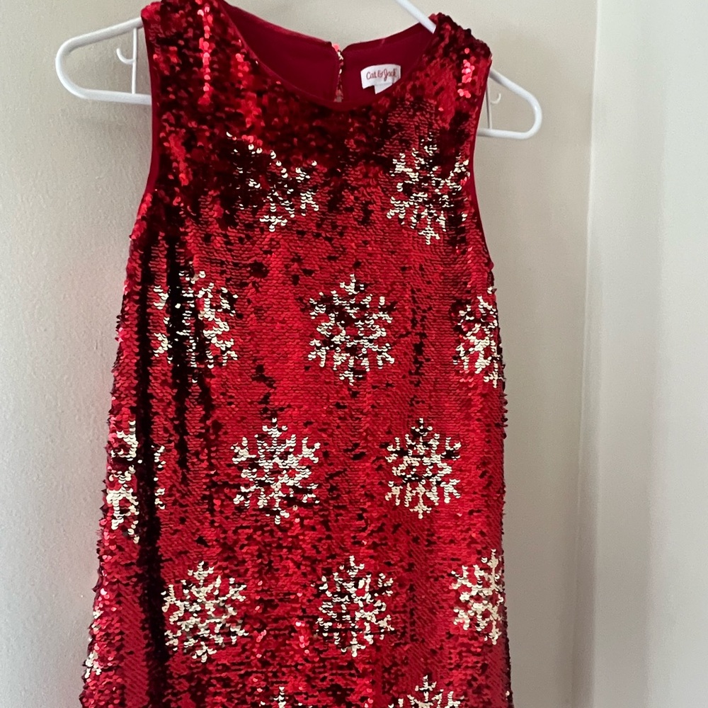 Girls red sequin dress with snowflakes